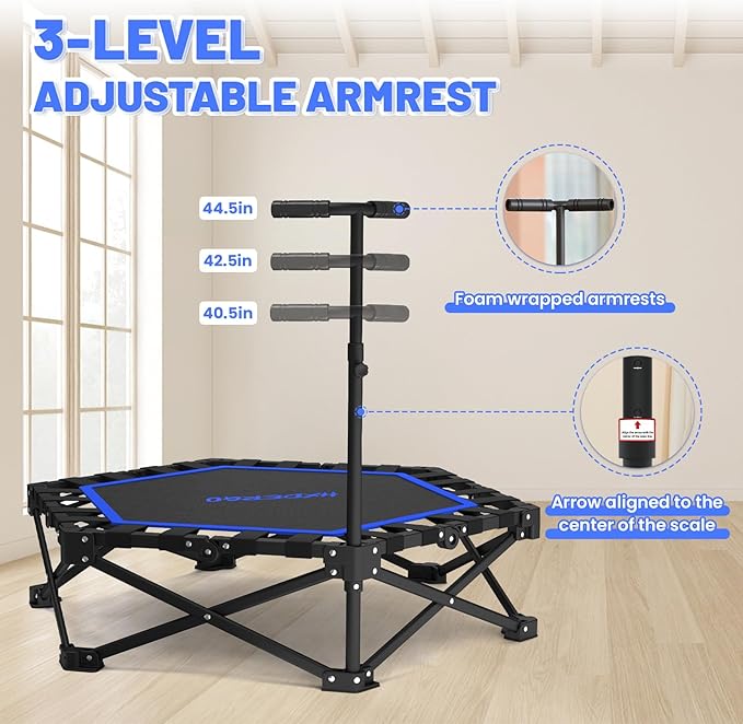 Foldable Mini Trampoline, Rebounder Trampoline with Adjustable Foam Handle, Fitness Trampoline for