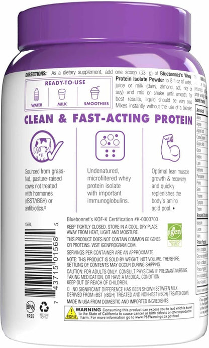Bluebonnet Grass Fed Whey Protein Isolate 26 g Energy & Workout Recovery BCAA Amino Acids - Gluten-Free, Non-GMO, Soy-Free Vanilla Protein Powder for Women & Men - 14 Servings