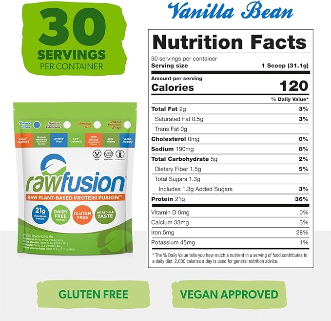 Rawfusion Vegan Protein Powder, Vanilla Bean ??30 Servings, 21g Plant-Based Protein, Low Net Carbs