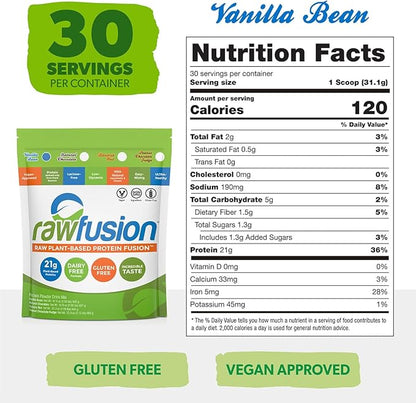 Rawfusion Vegan Protein Powder, Vanilla Bean ??30 Servings, 21g Plant-Based Protein, Low Net Carbs