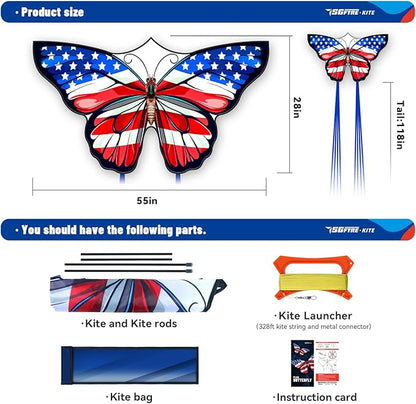 American Flag Butterfly Kite for Kids & Adults,Extremely Easy to Fly for Beginners，Outdoor Fun Kite