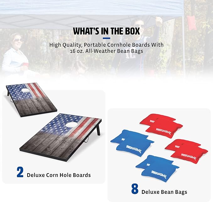 Wild Sports 2’x3’ or 2’x4’ Cornhole Outdoor Game Set, USA Flag or Natural Wood Options with Carry