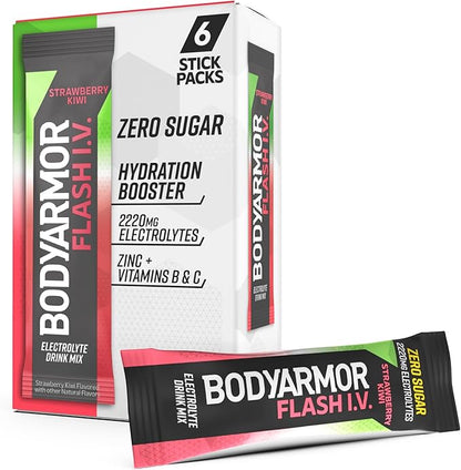 BODYARMOR Flash IV Electrolyte Packets, Strawberry Kiwi - Zero Sugar Drink Mix, Single Serve Packs