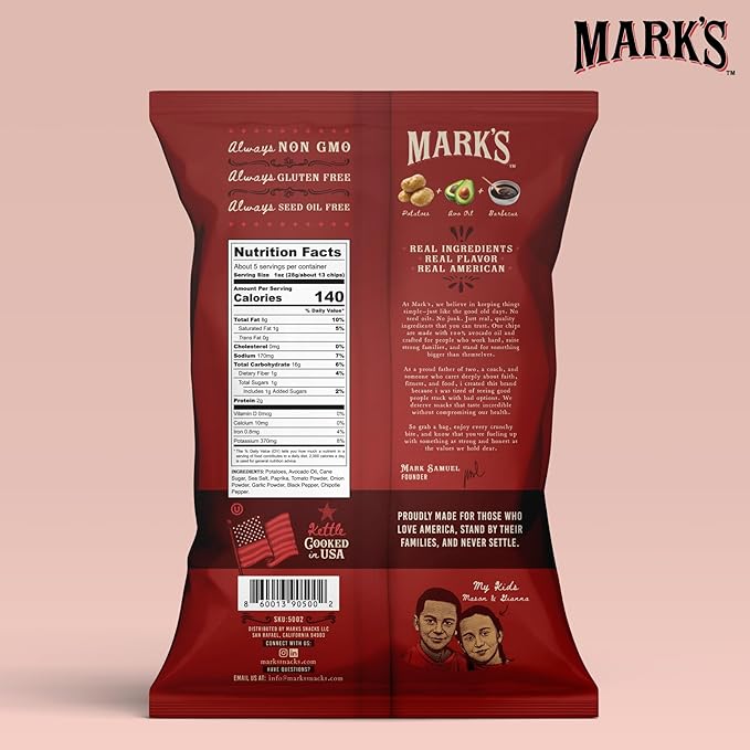 MARK’S Kettle Cooked Avocado Oil Potato Chips, BBQ – Seed Oil & GMO Free | Barbecue, 5 oz (Pack of
