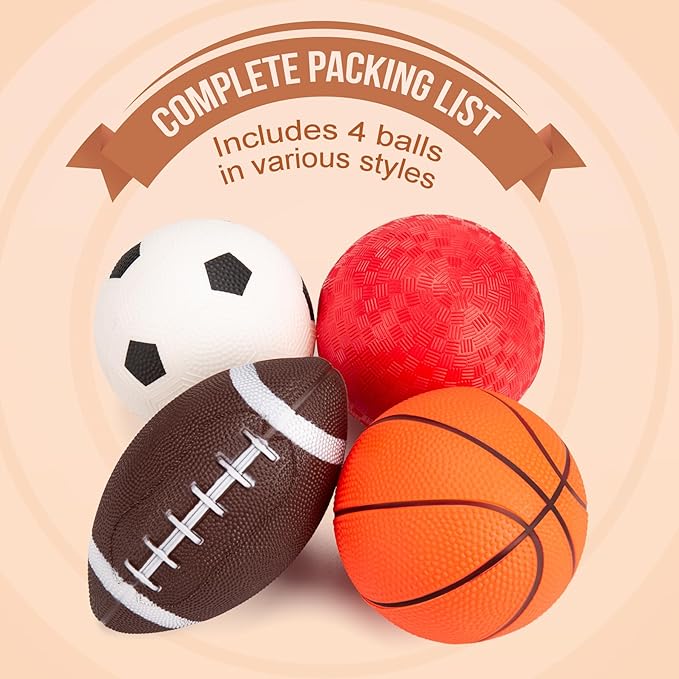 Balls for Toddlers with Pump 4 Pack 5" Small Rubber Playground Balls for Kids - 1 Football, 1