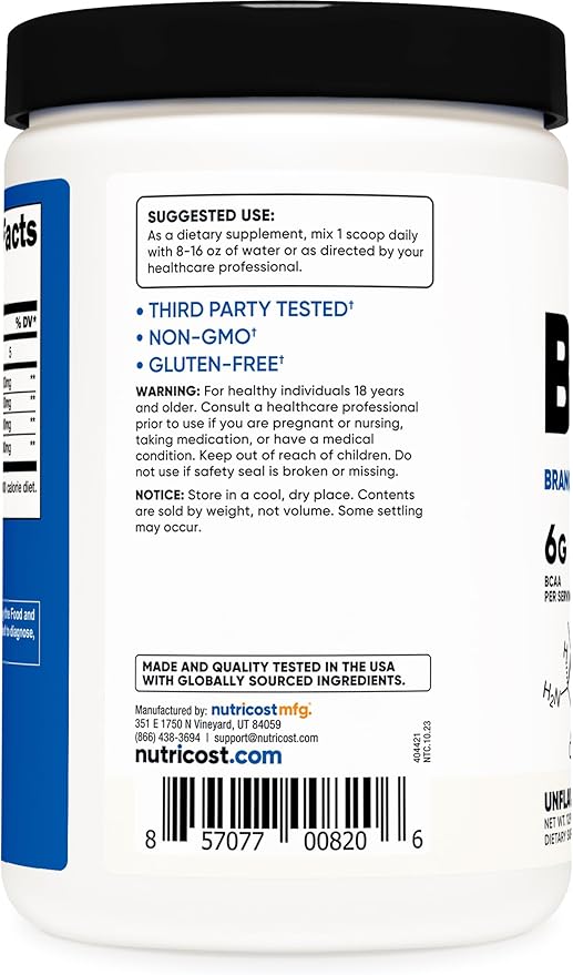 Nutricost BCAA Powder 2:1:1 (Unflavored, 60 Servings) - Vegetarian, Non-GMO, Gluten Free, Branched