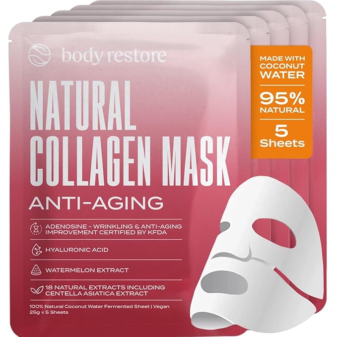 Body Restore Natural Collagen Face Mask 5 Pack ??Korean Skin Care Mask with Fermented Coconut
