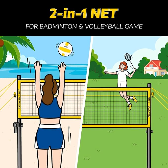 A11N Outdoor Volleyball and Badminton Combo Set - Includes Adjustable Height Anti-Sag Net