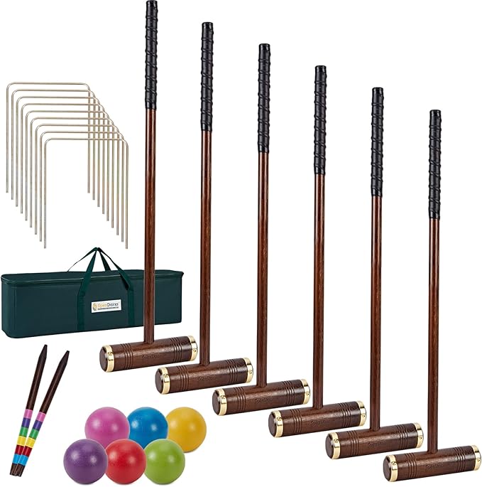 Six Player Croquet Game, 35’’ Croquette Set with Premium Wooden Mallets/Colored