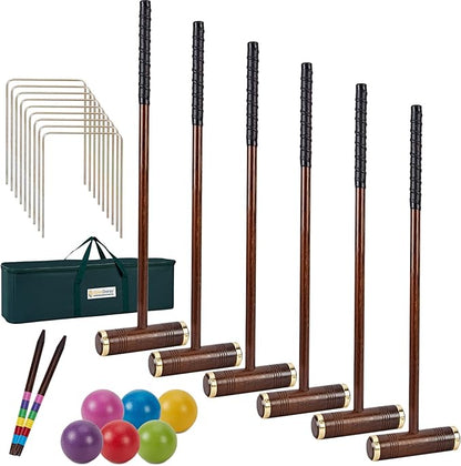 Six Player Croquet Game, 35’’ Croquette Set with Premium Wooden Mallets/Colored