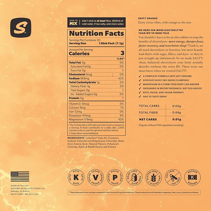 Keto Chow SALTT Electrolytes Powder Packets, Zesty Orange (30 Hydration Packets) - Magnesium