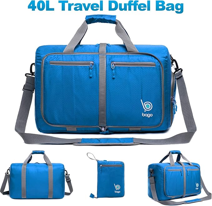 Bago Foldable Duffel Bags for Traveling Women & Men - 40L Sports Packable Duffle Bag for Travel