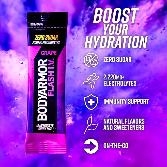 BODYARMOR Flash IV Electrolyte Packets, Grape - Zero Sugar Drink Mix, Single Serve Packs, Coconut