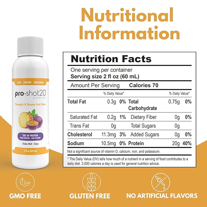 Pro-Shot20 Protein Shot Pineapple & Passion Fruit Flavor, 60 mL, 12-Pack- 20g Whey Protein &