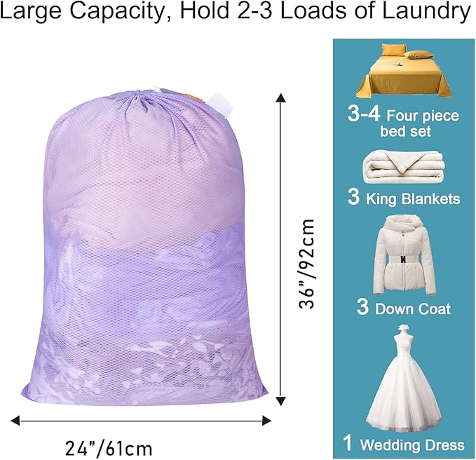 Polecasa Heavy Duty Diamond Large Mesh Laundry Bag with ID Tag and Locking Drawstring Closure - 24