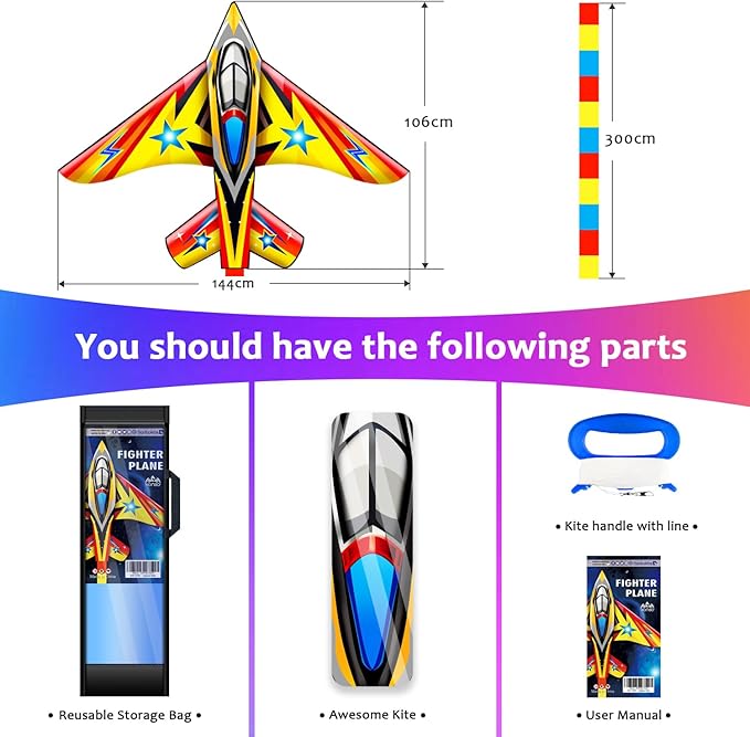 HONBO 58" Fighter Plane - Kite for Kids & Adults, Easy to Fly, Beach Trip Beginner Kite with Reel