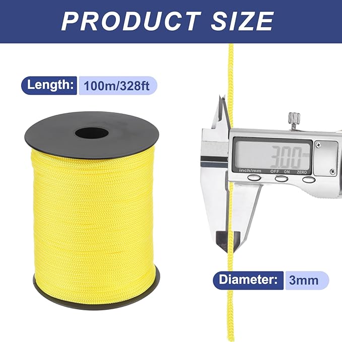 MECCANIXITY 1/8 Inch Polypropylene Rope Braided Ropes, 328ft Nylon Rope Hollow Utility Cord for