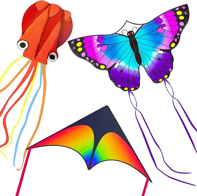 3 Pack Large Kites, Large Butterfly Kite, Colorful Delta and Red Octopus for Girls Boys Ages 4-8