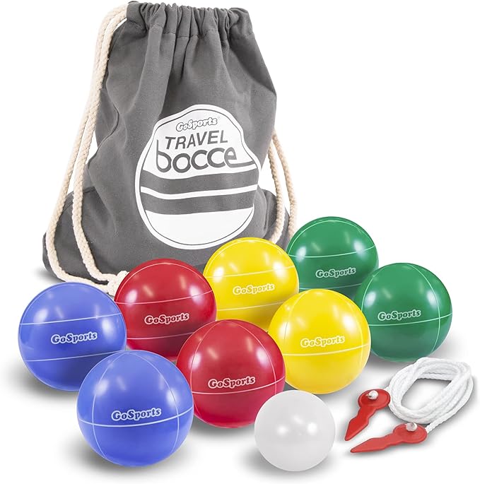 GoSports Mini Travel Size Bocce Game Set with 8 Balls, Pallino, Tote Bag and Measuring Rope