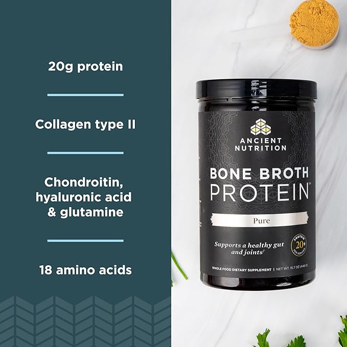 Ancient Nutrition Grass Fed & Cage Free Bone Broth Protein Powder, 20g Protein Per Serving