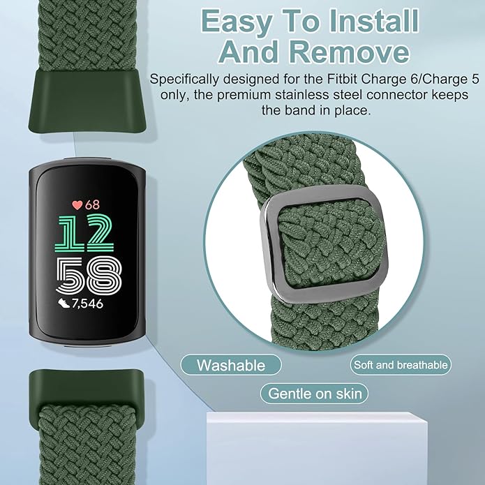 Braided Band Compatible with Fitbit Charge 6/Fitbit Charge 5, Soft Nylon Solo Loop Adjustable