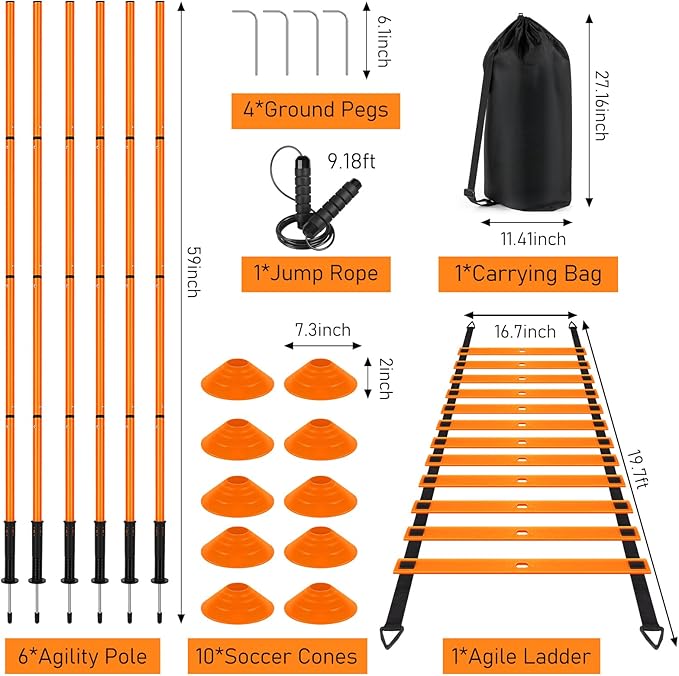 Soccer Agility Training Equipment: 6 Soccer Agility Poles, 20ft Agility Ladder, 10 Soccer Cones, 1
