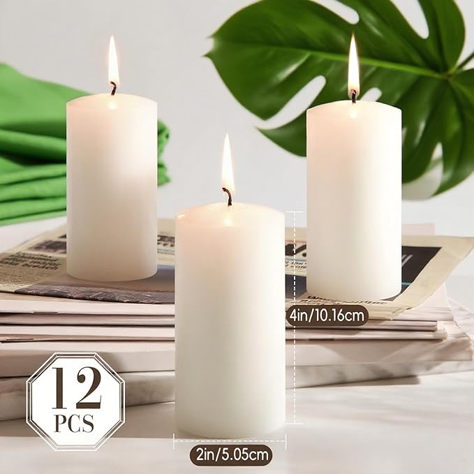 White Pillar Candles - 12 Packs Unscented Wax Pillar Candle, Long-Lasting 30 Hour Burn Time, 2x4