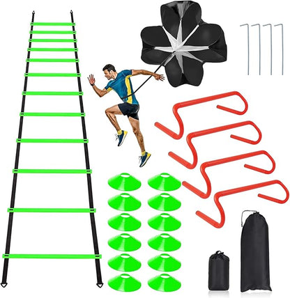 Speed & Agility Ladder Training Equipment Set, Includes 12 Rung 20ft Agility Ladder, 4 Agility