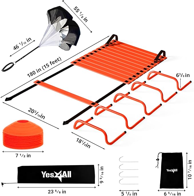 Yes4All Agility Ladder Speed Training Equipment Set - 1 Adjustable Agility Ladder, 12 Soccer Cones