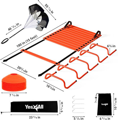 Yes4All Agility Ladder Speed Training Equipment Set - 1 Adjustable Agility Ladder, 12 Soccer Cones