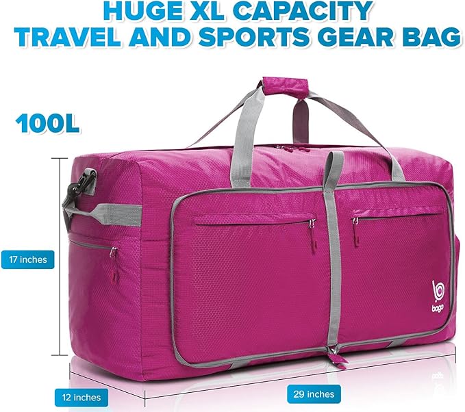 Bago Large Foldable Duffel Bags for Traveling Women & Men - 100L Packable Duffle Bag for Travel