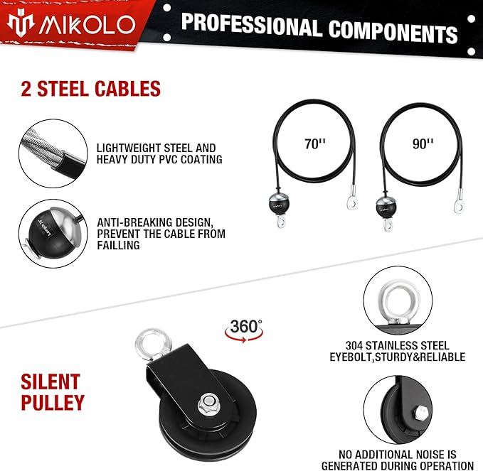 Mikolo Fitness LAT and Lift Pulley System, Dual Cable Machine(70'' and 90'') with Upgraded Loading