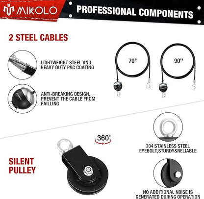 Mikolo Fitness LAT and Lift Pulley System, Dual Cable Machine(70'' and 90'') with Upgraded Loading