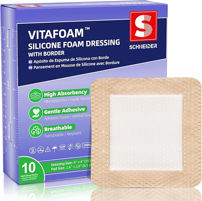 Silicone Foam Dressing 4" x 4" with Border, High Absorbency Wound Bandage, Gentle Adhesion, Soft