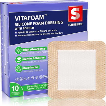 Silicone Foam Dressing 4" x 4" with Border, High Absorbency Wound Bandage, Gentle Adhesion, Soft
