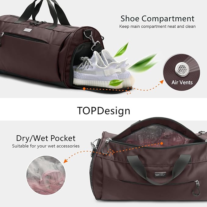TOPDesign Gym Bag for Women & Men, Unisex Duffel Bag with Shoe Compartment & Wet Pocket for Travel