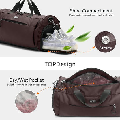 TOPDesign Gym Bag for Women & Men, Unisex Duffel Bag with Shoe Compartment & Wet Pocket for Travel