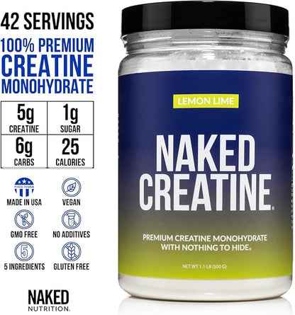 NAKED Pure Micronized Lemon Lime Creatine Monohydrate - 42 Servings - 500 Grams, 1.1Lb Bulk, Vegan