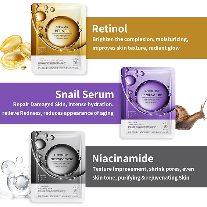 12 Pack Sheet Face Masks Skincare, Collagen Face Mask Hyaluronic Acid Hydrating Face Sheet Masks