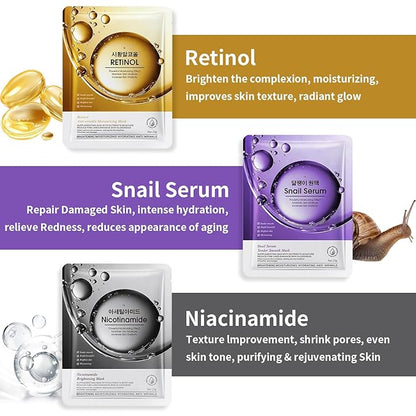 12 Pack Sheet Face Masks Skincare, Collagen Face Mask Hyaluronic Acid Hydrating Face Sheet Masks