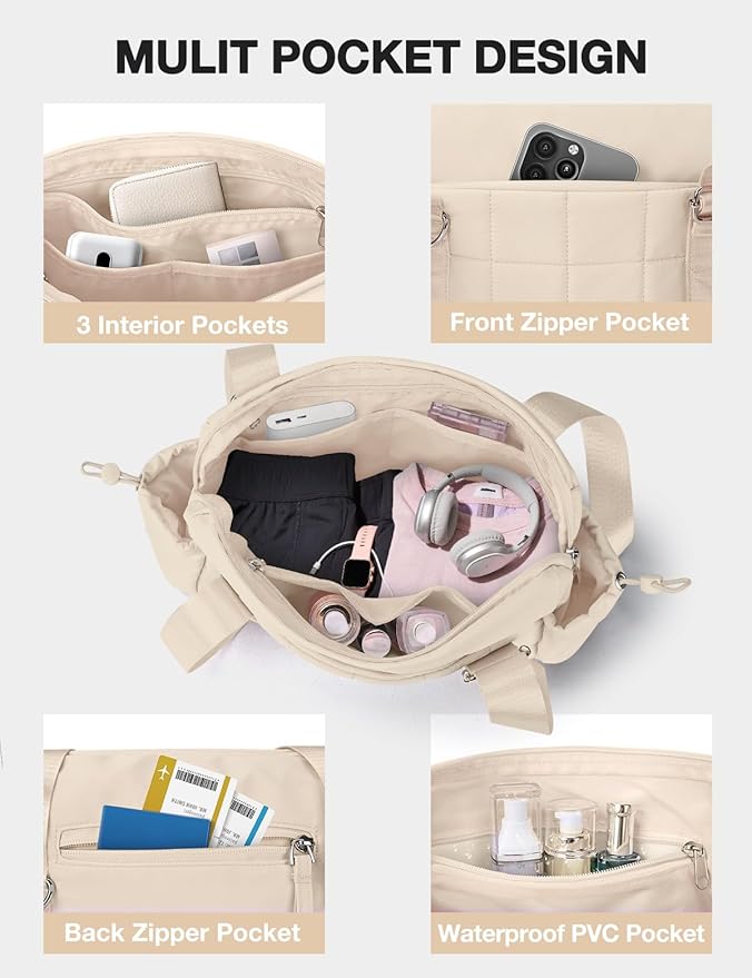 VUUDH Puffy Mini Gym Bag for Women, Carry On Multi-Pocket Water-Resistant Duffel, Lightweight