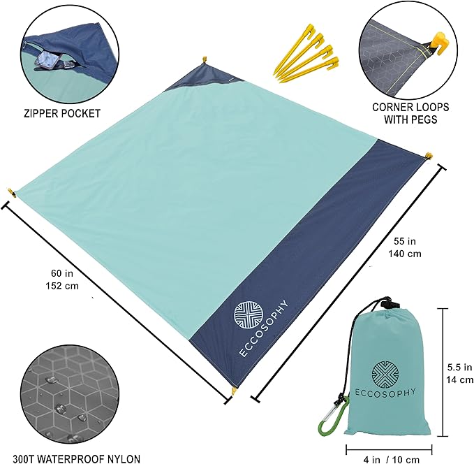 ECCOSOPHY Sand Proof Beach Blanket - Waterproof Picnic Blanket 60x55 Outdoor Compact Pocket Blanket