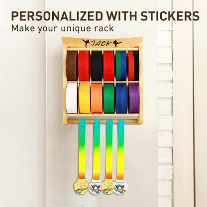 Tilhumt 12 Belts Karate Belt Display Rack with Trophy and Medal Display Rack, Taekwondo Belt