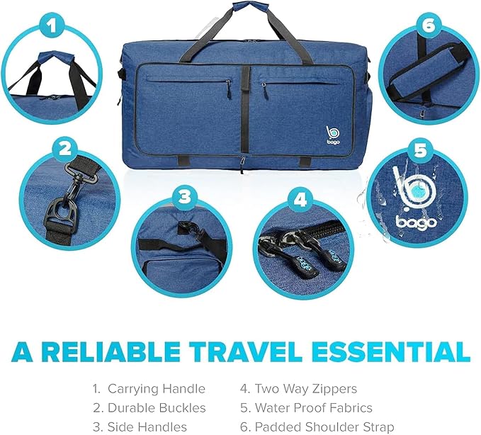 Bago Large Foldable Duffel Bags for Traveling Women & Men - 100L Packable Duffle Bag for Travel