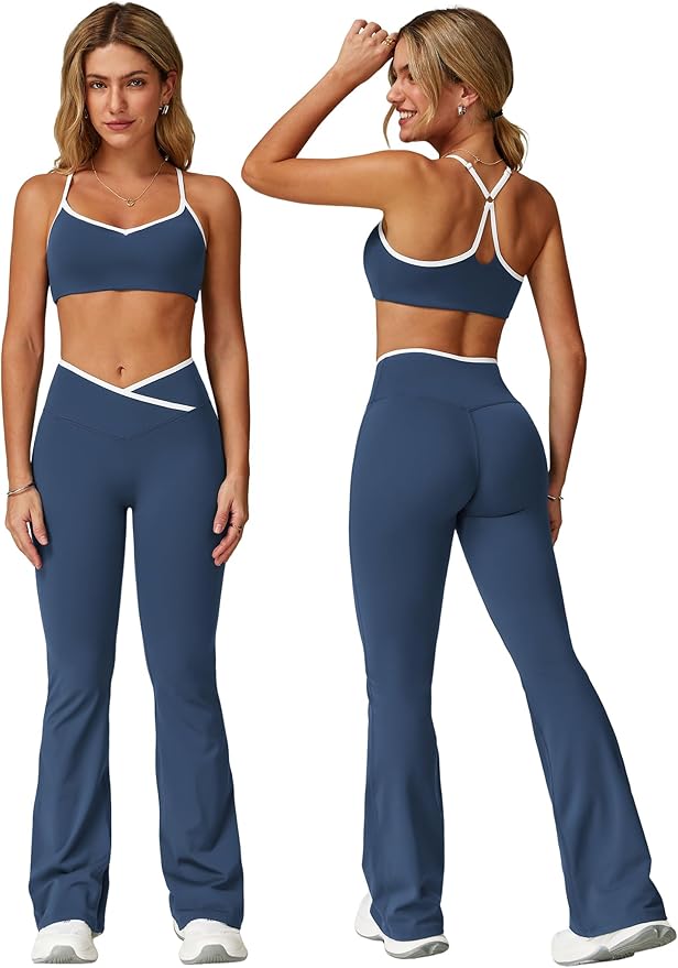 ABOCIW Workout Sets for Women 2 Piece Color Block Strappy Sports Bra High Waist Leggings Gym Yoga