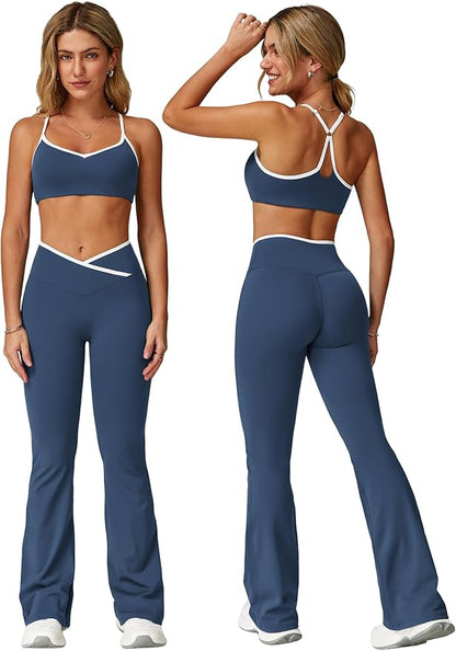 ABOCIW Workout Sets for Women 2 Piece Color Block Strappy Sports Bra High Waist Leggings Gym Yoga