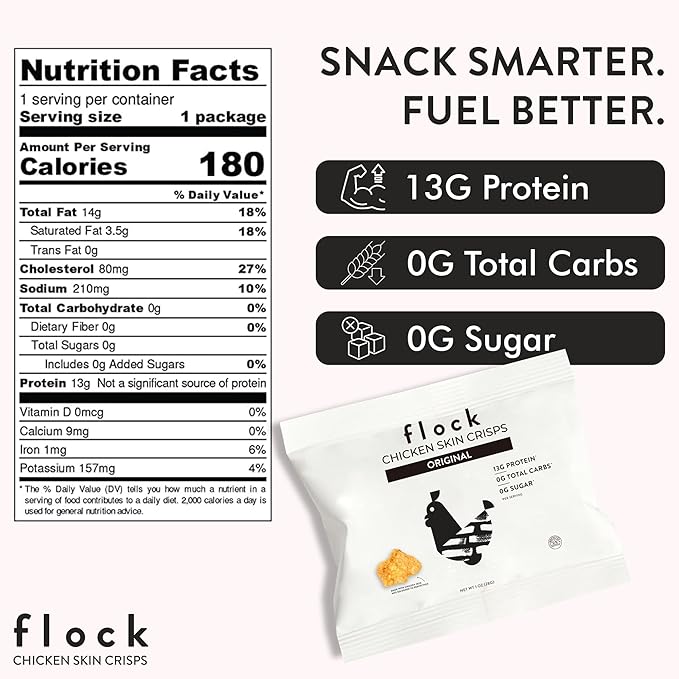 Flock Keto Chicken Skin Chips – Original Flavor, Low Carb, High Protein, Gluten-Free Chicken