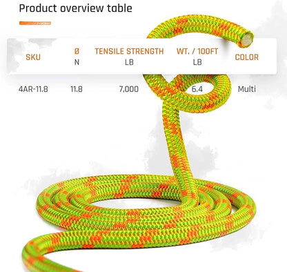 Pelican Rope Arborist Rope 11.8mm x 150Ft, USA Made High-Strength 24-Strands Static Climbing Rope