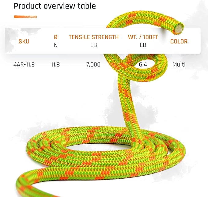 Pelican Rope Arborist Rope 11.8mm x 200Ft High-Strength 24-Strands Static Climbing Rope | 7,000 lb