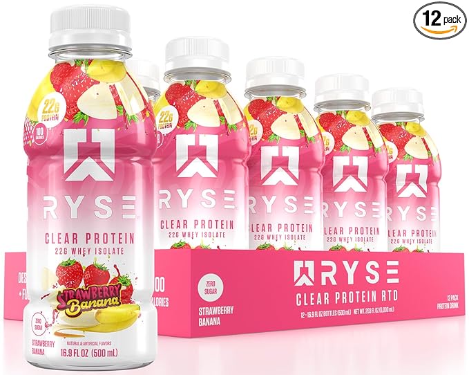 RYSE Clear Protein Shake - Strawberry Banana - 100 Calories, 22g Whey Isolate Protein, Sugar-Free
